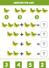 Addition for kids with cute green butterflies.