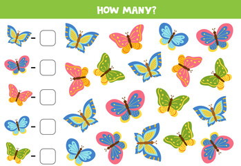 Counting game with cute cartoon butterflies. Math worksheet.