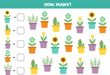 Counting game with cute cartoon flowerpots. Math worksheet.
