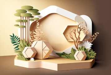Product banner, podium platform with geometric shapes and nature background