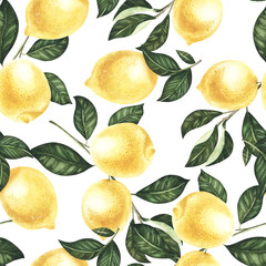 A seamless watercolor hand painted lemon pattern on white background.