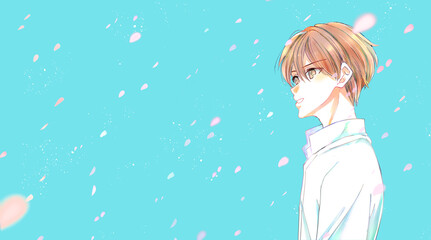 白シャツの男性　桜吹雪