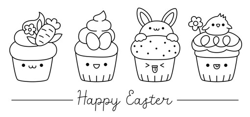Vector black and white Easter cupcakes set for kids. Cute kawaii line cup cakes collection. Funny cartoon characters. Traditional spring holiday dessert illustration or coloring page .