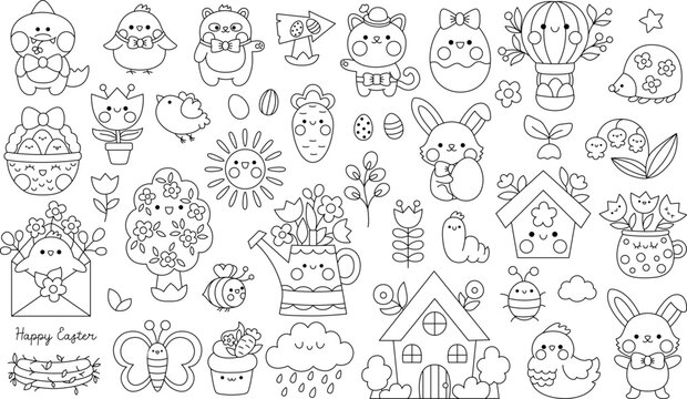 Vector black and white kawaii Easter clipart set for kids. Cute cartoon characters. Traditional line symbols collection with bunny, eggs, bird, chick, basket, flowers. Spring holiday coloring page.