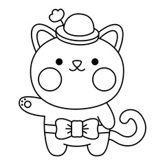 Vector black and white kawaii cat icon for kids. Cute line animal illustration or coloring page. Funny cartoon character. Adorable kitten clipart with bow and hat with flower.