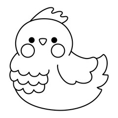 Vector black and white kawaii hen icon for kids. Cute line animal illustration or coloring page. Funny cartoon character. Adorable chicken clipart.