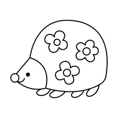 Fototapeta premium Vector black and white kawaii hedgehog icon for kids. Cute line illustration or coloring page. Funny cartoon character. Adorable clipart animal with flowers.