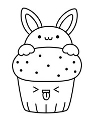 Vector black and white Easter cupcake for kids. Cute line kawaii cup cake with bunny rabbit on top. Funny cartoon character. Traditional spring holiday dessert illustration or coloring page.
