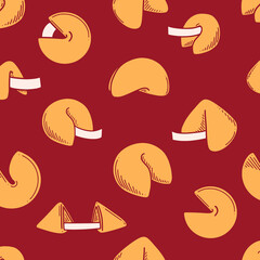 Chinese fortune cookies vector illustration. Chinese New year dessert prophecy cookie in doodle style.