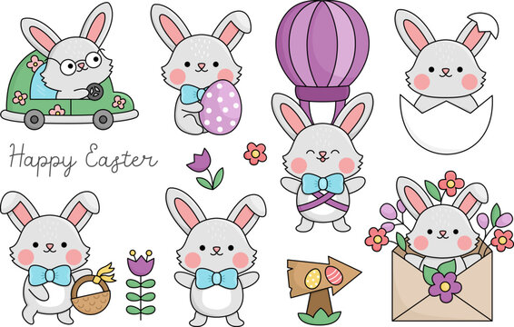 Vector Easter bunny set for kids. Cute kawaii rabbits collection. Funny cartoon characters. Traditional spring holiday symbol illustration with hare with basket, eggs, flying on hot air balloon.