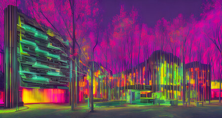 AI Digital Illustration Abstract Conceptual Neon City Nature