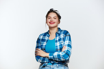Plus Size Woman Smiling Isolated. Portrait of Bossy Woman Looking at Camera, Feeling Confident, Posing. Indoor Studio Shot Isolated on White Background 