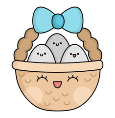 Vector kawaii basket with eggs icon for kids. Cute Easter symbol illustration. Funny cartoon character. Adorable spring clipart.