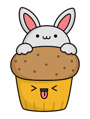 Vector Easter cupcake for kids. Cute kawaii chocolate cup cake with bunny rabbit on top. Funny cartoon character. Traditional spring holiday dessert illustration