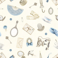 Seamless pattern with many female varied white and blue antique things isolated on beige paper background. Watercolor hand drawn illustration sketch