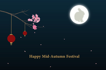 Mid-Autumn festival with red lanterns hanging from a cherry tree branch under the rabbit on the moon.
