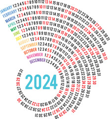 2024 Calendar year vector illustration. Creative and colourful calendar vector