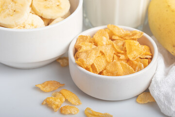 Cornflakes breakfast, banana, fresh milk, healthy food