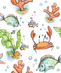 Obraz premium A color clipart on a light or transparent background from a sea set, a boat, a crab, a chest of gold, seagulls, an island, coral and sea fish.