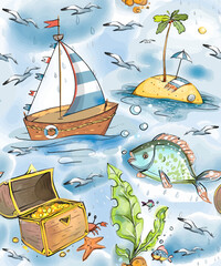 Naklejka premium A color clipart on a light or transparent background from a sea set, a boat, a crab, a chest of gold, seagulls, an island, coral and sea fish.