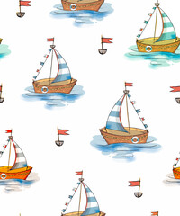 A color clipart on a light or transparent background from a sea set, a boat, a crab, a chest of gold, seagulls, an island, coral and sea fish.