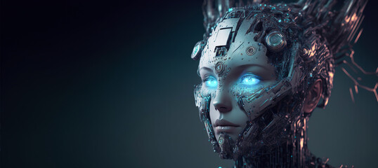 Portrait of cyborg robot head. Generative AI	

