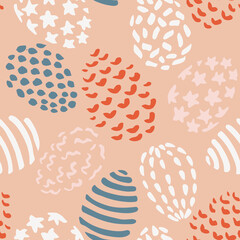 Painted hearts, dots, stars and lines creating an illusion of Easter eggs in red, grey blue, pink and white on peach background. Great for home decor, fabric, wallpaper, gift-wrap, stationery.