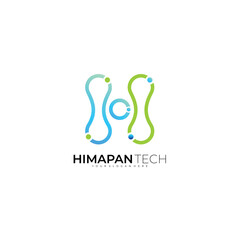 letter h with technology line art logo template