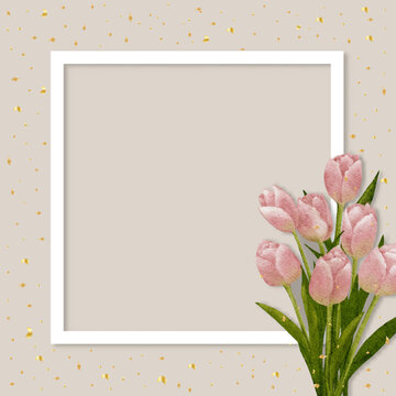 Mothers day background,Tulip Watercolour paint on White frame on Beige Background,Vector flat lay composition with Spring Pink Bouquet flower and Copy space for text,Concept for Wedding,Valentine day