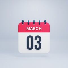 March Realistic Calendar Icon 3D Illustration Date March 03