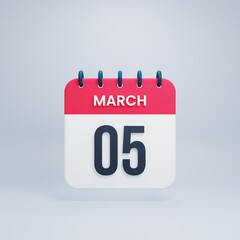 March Realistic Calendar Icon 3D Illustration Date March 05