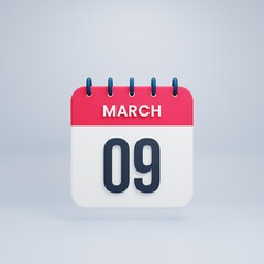 March Realistic Calendar Icon 3D Illustration Date March 09