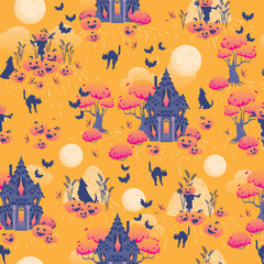 Orange Halloween pumpkin fields and Purple haunted houses