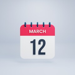 March Realistic Calendar Icon 3D Illustration Date March 12