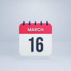 March Realistic Calendar Icon 3D Illustration Date March 16