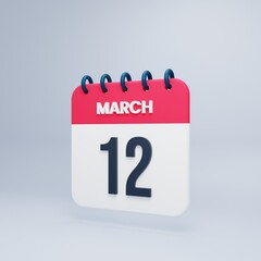 March Realistic Calendar Icon 3D Illustration Date March 12