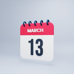March Realistic Calendar Icon 3D Illustration Date March 13