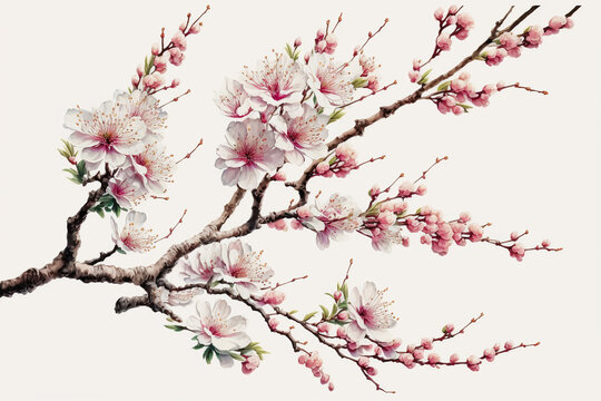 Cherry sakura flowers blossom in full bloom on a cherry tree branch, fading in to white illustration