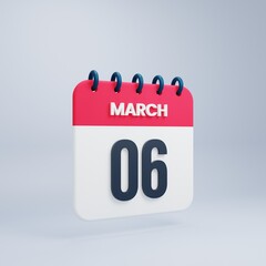 March Realistic Calendar Icon 3D Illustration Date March 06