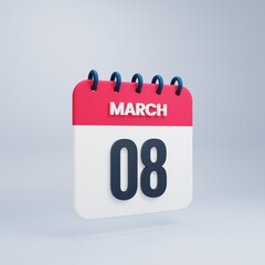 March Realistic Calendar Icon 3D Illustration Date March 08
