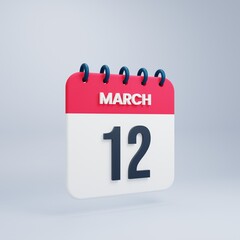 March Realistic Calendar Icon 3D Illustration Date March 12