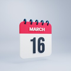 March Realistic Calendar Icon 3D Illustration Date March 16