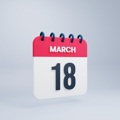 March Realistic Calendar Icon 3D Illustration Date March 18