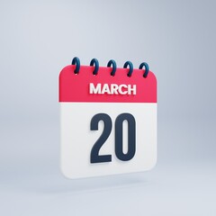 March Realistic Calendar Icon 3D Illustration Date March 20