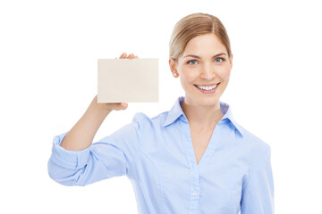 Business, smile and woman with a card with mockup space for announcement or advertising. Signage, bulletin and portrait of a female model with blank board with copy space by white studio background.