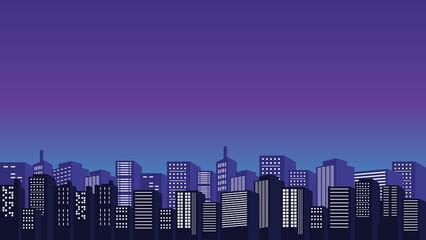 Fototapeta na wymiar Vector silhouette of city buildings with purple sky shadow