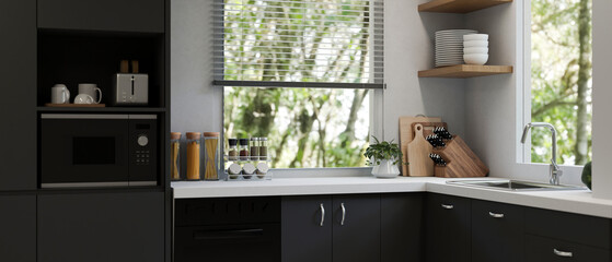 Modern black and white kitchen with cabinet and cupboard, microwave, kitchenware, sink