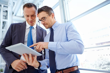 Corporate, data analysis or business people with tablet planning company strategy, finance growth...
