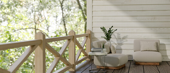 Comfortable and cozy outdoor relaxation space on classic wood balcony with beautiful nature view