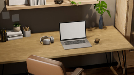Comfortable home working space with notebook laptop mockup and decor on wooden desk